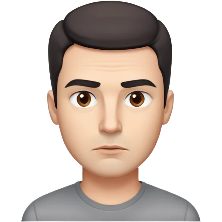 Professional man with square face, defined jawline, full cheeks, overtly skeptical expression, medium brown eyes with paranoid look, prominent eyebrows raised, wide nose, lips pressed together suspiciously, short dark hair, wearing a gray shirt emoji
