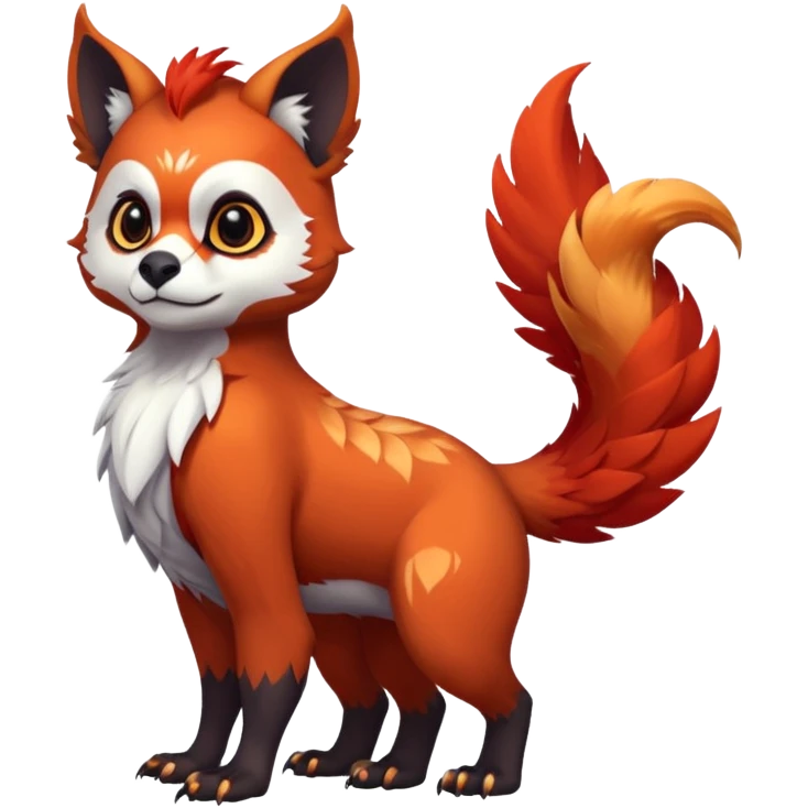 A beaked beaky 4-legged, feral, digitigrade, lanky, elegant, Gryphon-Griffin-Griff-Avian-hybrid, with Red-Panda-colors and markings, full body, cute, realism, with a long thin tufted tail, hyper-realistic  emoji