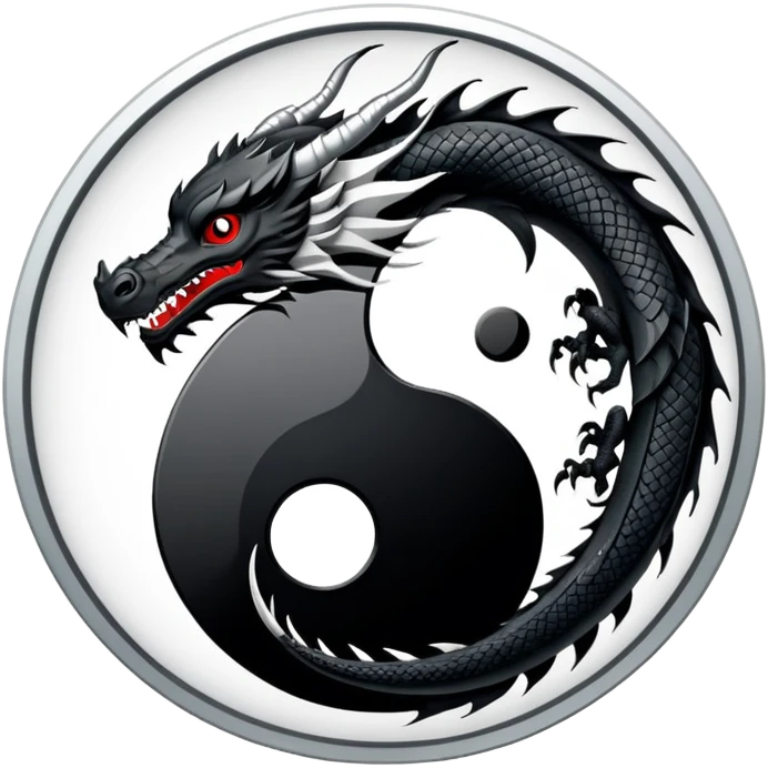 An icon symbolizing Eastern martial arts in the style of an emblem, featuring a black-and-white Yin-Yang symbol and a dragon at the center, surrounded by elements like a dojo. Transparent background highlights balance and power. emoji