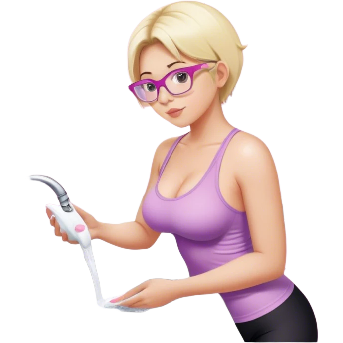 Thick fair skinned woman, short blond hair, small light purple reading glasses, washing dishes at the sink, sheer pink tank top, showing natural B cup breast shape SFW, black yoga pants, thick booty emoji