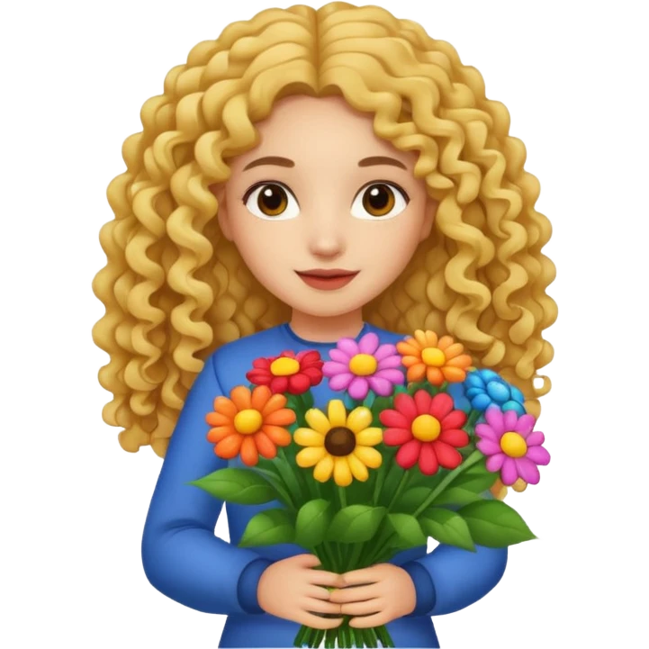 light skinned long curly haired girl holding big bright bunch of flowers. White background. emoji