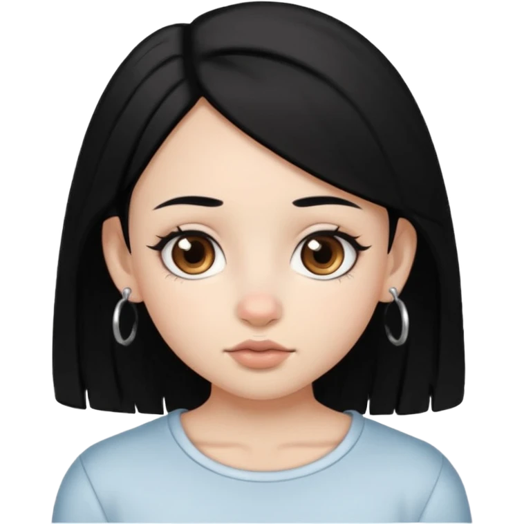 Franja, cabelo preto,cor de pele branca,pirceng de argolinha no nariz,olhos grandes castanhos emoji