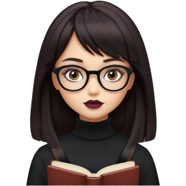 generate a pretty bratz girl with black small square spectacles, dark lipstick, black turtleneck , books in hand, dark brown straight long hair with bangs, eyeliner on,  emoji