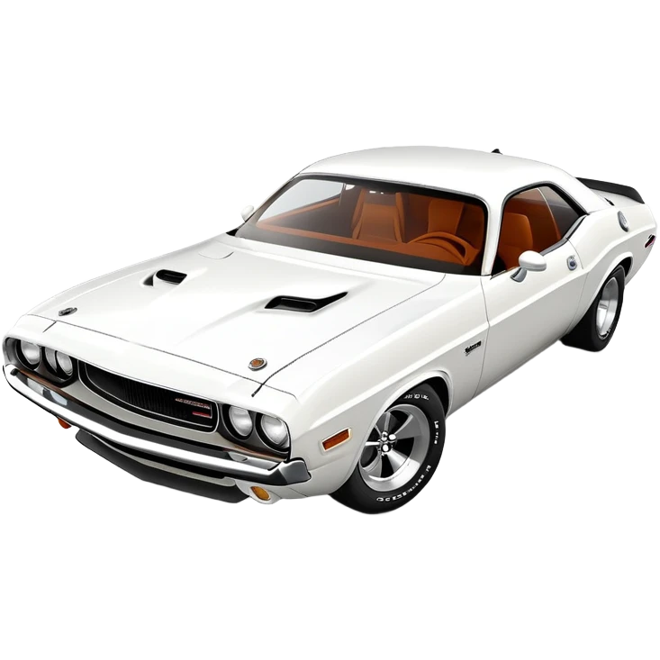 Anatomically correct white 1971 Dodge Challenger muscle car, proper 30-degree angle view, maintaining authentic proportions and structure, highly detailed but minimalist, pure white exterior, iOS emoji style emoji