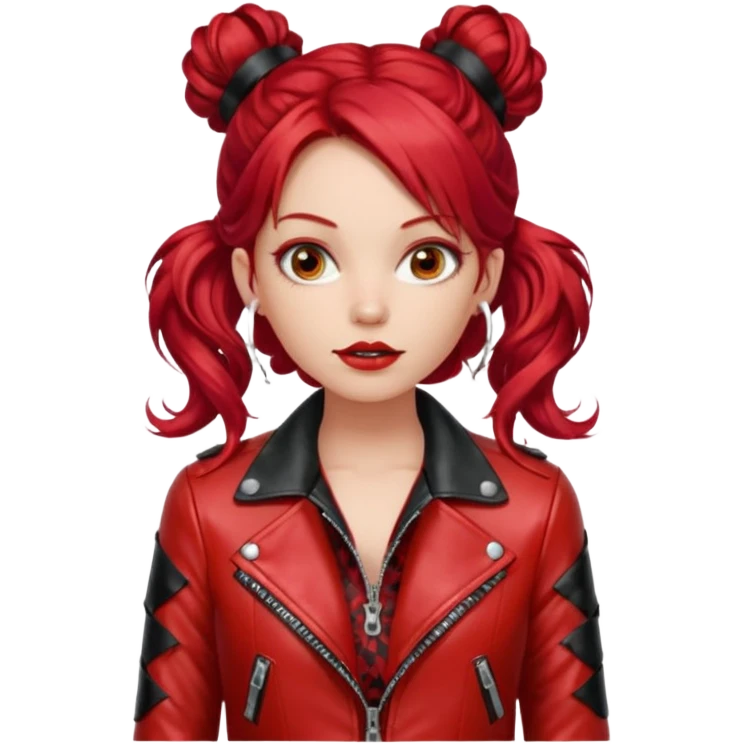 A woman with strikingly long, wavy, vibrant red hair, which is styled with two small buns on top of her head. She is wearing a shiny red leather jacket over a red top with a black patterned trim. She's gagged emoji
