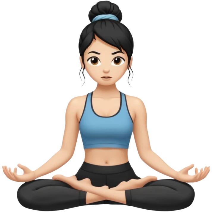 white girl with black long hair in a messy bun doing difficult yoga emoji