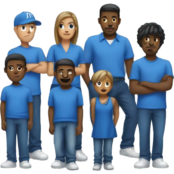 a gang of people wearing blue emoji
