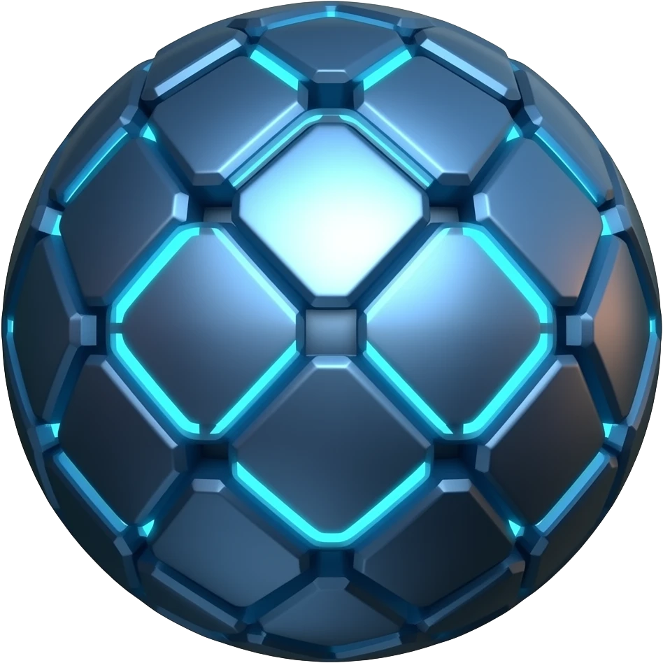 Generate a high-tech list bullet point emoji featuring a Deep blue (#00008B) metallic sphere with neon highlights, geometric patterns, and a futuristic glow effect. The design should have a polished, tech-inspired look with subtle holographic elements emoji