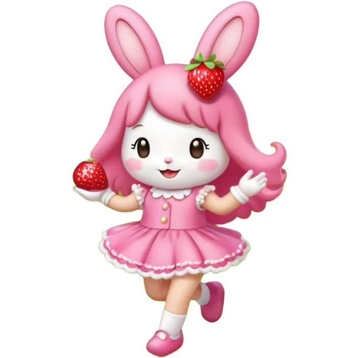 My melody dancing in a meadow of flowers while eating a strawberry emoji