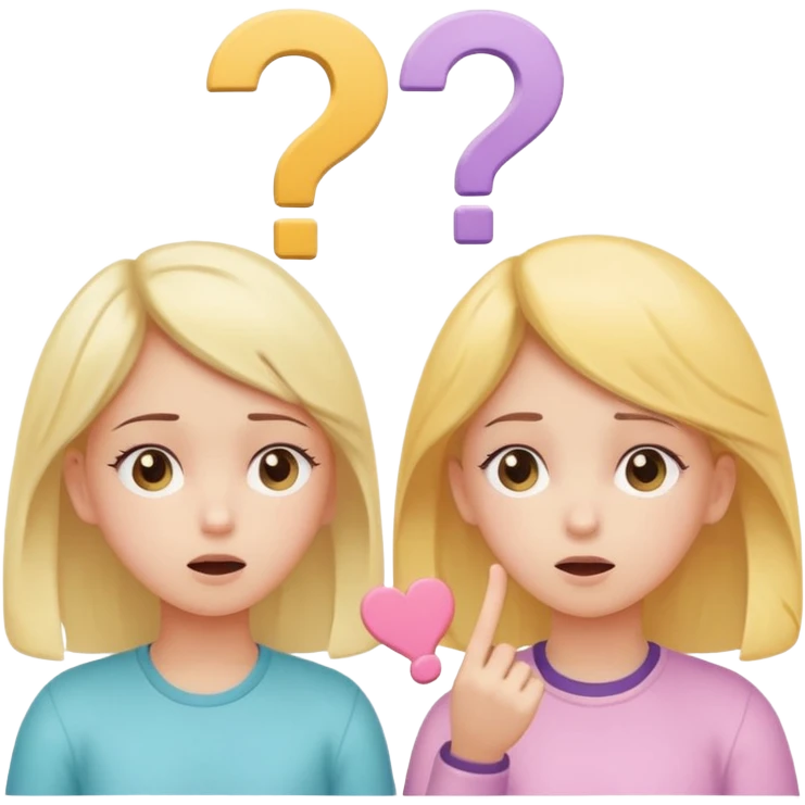 

 
Two girls are talking; one looks confused with question marks above her, while the other explains something. The illustration has a cute pastel style. emoji