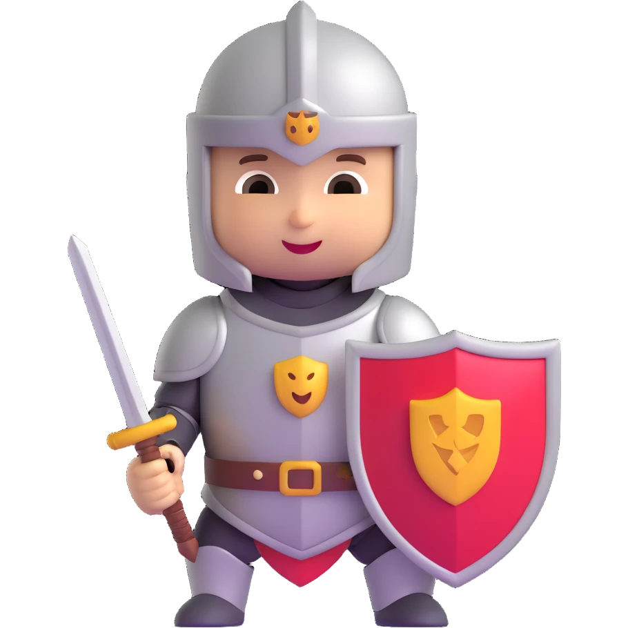 3D emoji style baby knight with a pacifier holding a sword and shield emoji