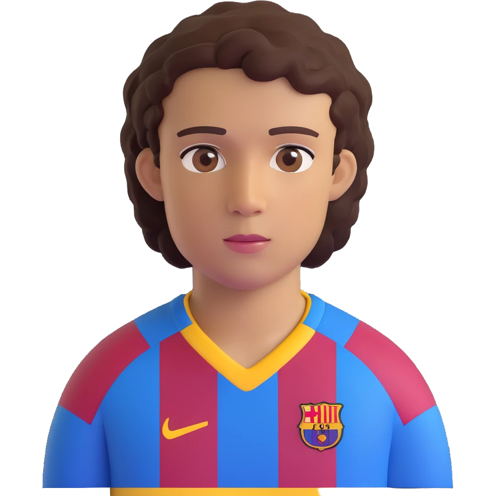 avatar of a young footballer inspired by Lamine Yamal, blue and red striped Barcelona kit, youthful features, short curly hair, brown eyes, confident expression emoji