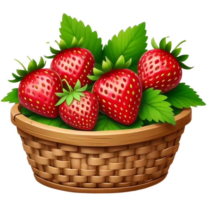 Cinematic ripe strawberrie, deep red, glossy with tiny seeds, green leaves still attached, gathered in a rustic basket, warm glowing background, fresh and sweet. emoji