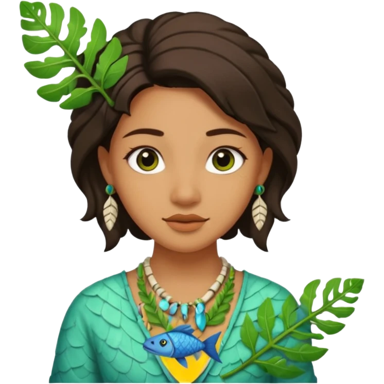 ancient girl wearing fish bone Necklaces and leaf emoji