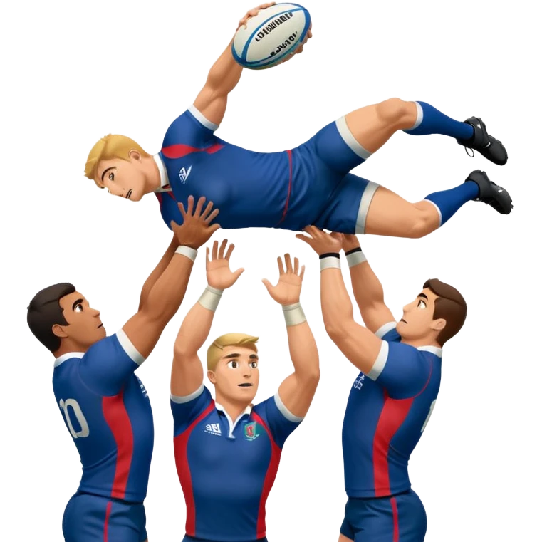 two rugby players lifting another player to catch a ball in a lineout in rugby, only 3 players in the image emoji