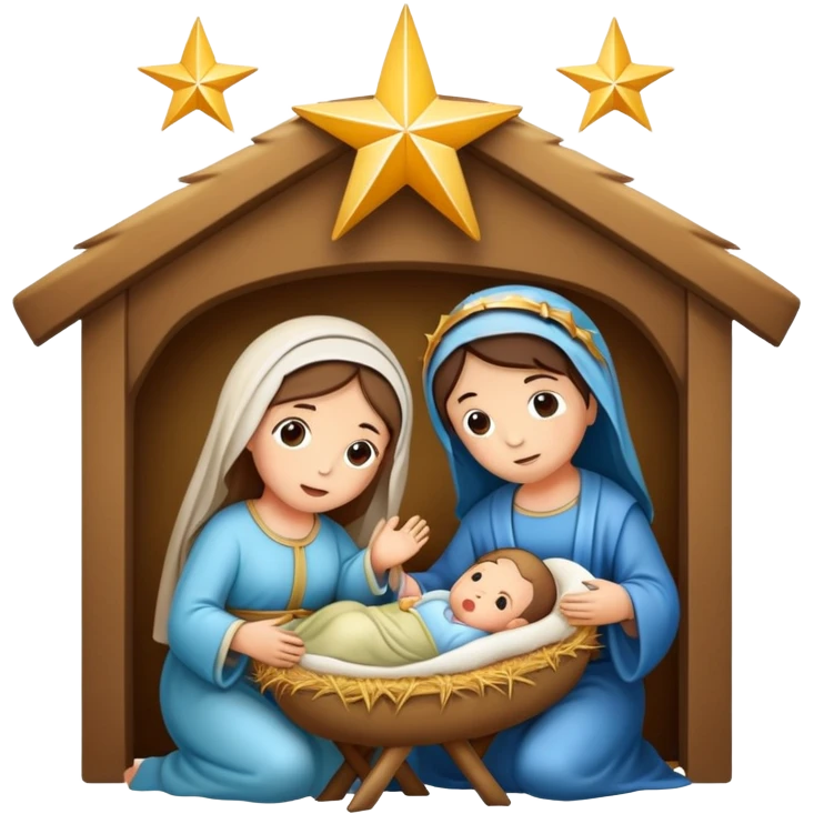 Nativity scene with baby Jesus in a manger, Mary, Joseph, and star above emoji
