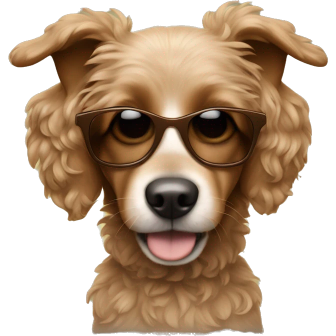 a little brown dog with curly fur wearing sunglasses and listening to music  emoji