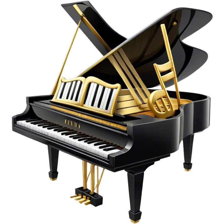 Create an elegant and festive emoji collage representing keyboard instruments, styled like a heraldic emblem. The design should feature a central focal point of black and white piano keys, arranged in a semi-circular or shield-like shape. Around the piano keys, add intertwining musical notes that form flowing ribbons, creating a dynamic and celebratory atmosphere. The design should be professional, with polished silver and gold accents on the keys and notes, highlighting the luxury and sophistication of the instruments. Add subtle shading and lighting effects to give the design a refined, 3D appearance. The background should remain transparent, and the overall feel should evoke grandeur, artistry, and a sense of celebration. emoji