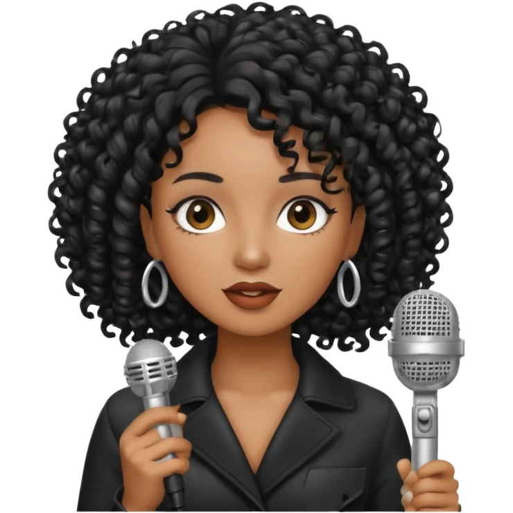 brown skin woman, curly black hair, singer, hold micro emoji