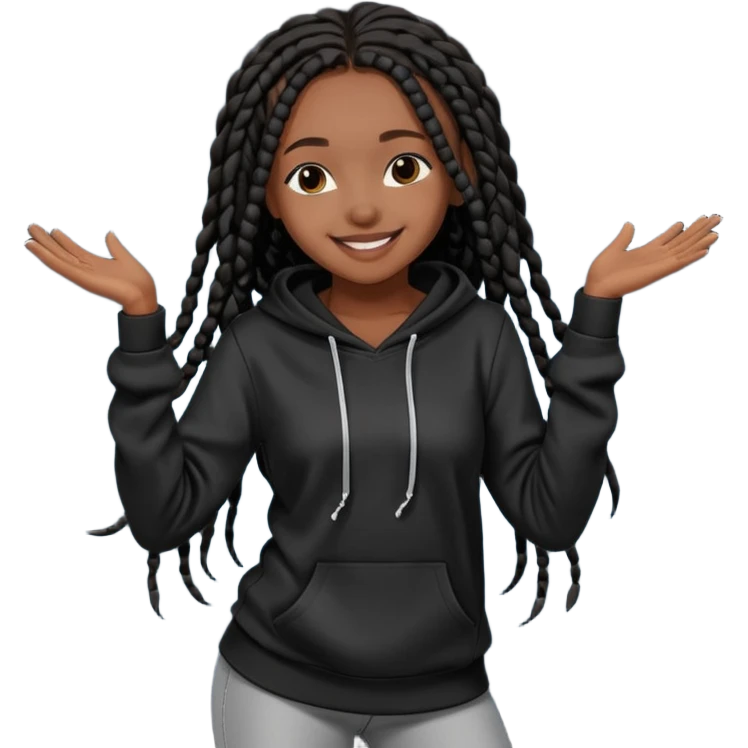 African American girl dark skin complextion long black box braids wearing plain black hoodie dancing emoji