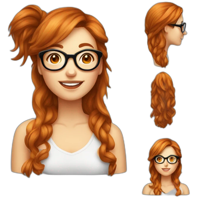 Femme cheveux longs rousse avec grosses lunettes rondes saute de joie emoji