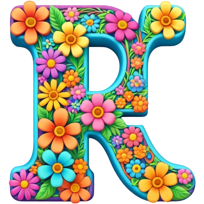 3D style, psychedelic colored Letter F with hippie style flower border emoji