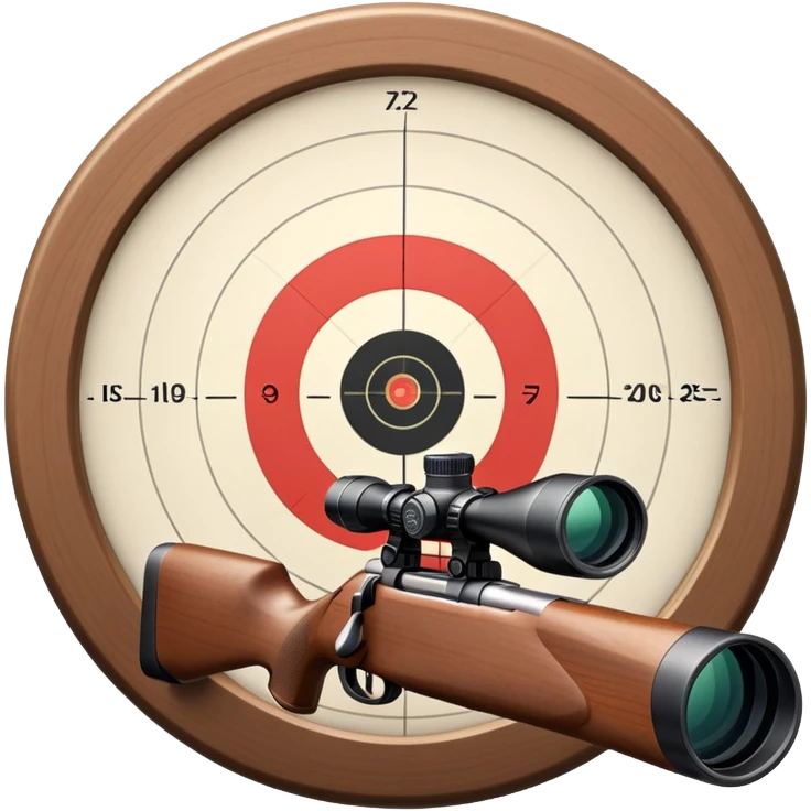 A detailed rifle with a scope, pointing towards a perfectly centered target with concentric rings. The scene highlights the precision and focus required in sports shooting, with no shooter in sight, just the rifle and target in a calm, focused setting. emoji