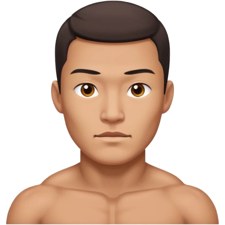 A standing buff shirtless asian guy with a really square jawline. Make his jawline extremely square and exaggerated. Also give him a middle part haircut. Give him a block square head emoji