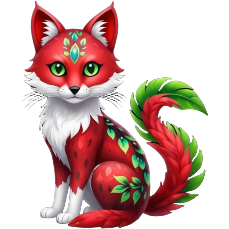 Colorful dark tropical sanguine-red, black, white fur, with green eyes, iridescent glorious divine exotic cute cool beautiful shiny beautiful floral fantasy-caracal-civet-genet-sergal-vernid-Cacomistle-oncilla-animal-Fakémon-hybrid-fursona with pattern markings (full body) emoji