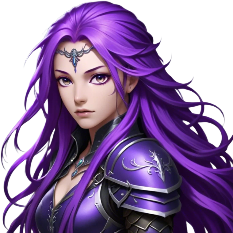 A mysterious warrior girl with long, flowing purple hair cascading down her back, strands catching the dim light like silk. Her piercing violet eyes glow beneath her furrowed brow, sharp with determination and wisdom beyond her years. She wears sleek black armor, a perfect fusion of elegance and lethality, adorned with intricate silver engravings resembling ancient runes. A dark cape billows behind her, torn at the edges from countless battles. Her gauntleted hands rest on the hilt of a slender, obsidian-hued sword, its blade humming faintly with hidden power.  emoji