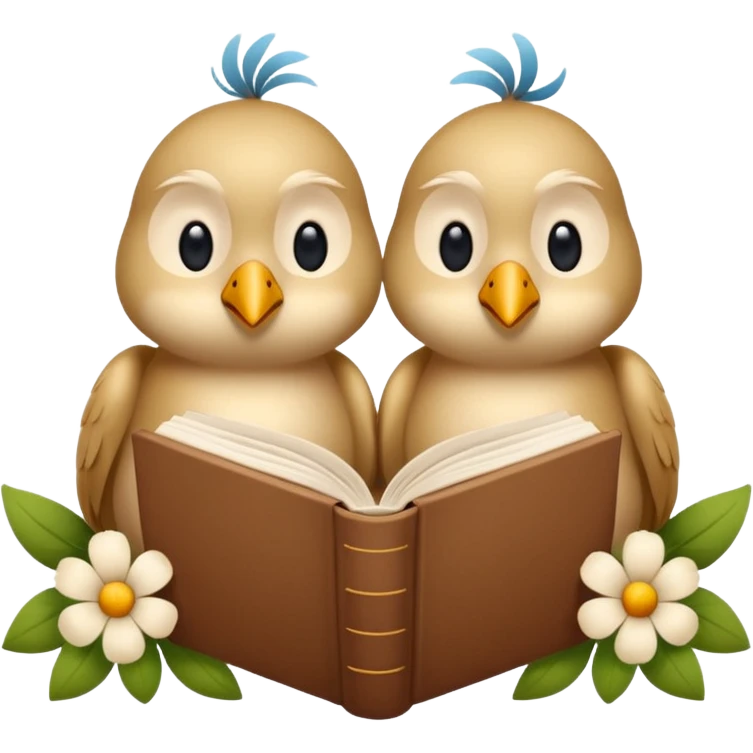 2 beige Birds reading books + flower emoji