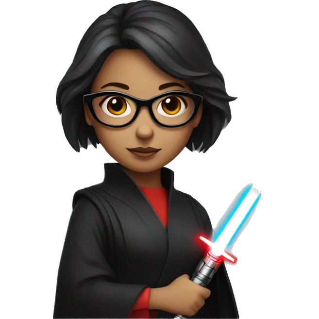 A girl with glasses with a red lightsaber emoji