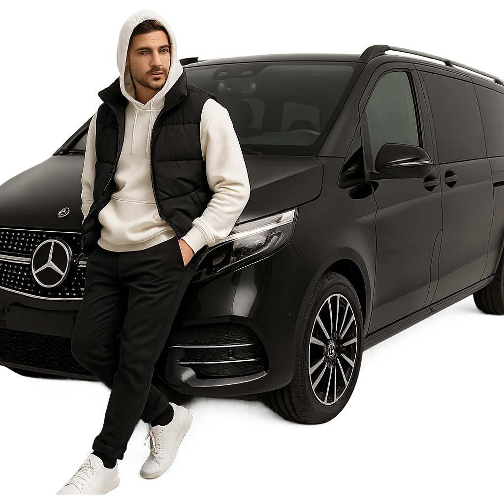 A fashionable man with white sneakers, black pants, white hoodie, black vest, hood up, leaning on a black 2024 Mercedes-Benz V-Class Extra Long 300 d, no background, clean studio lighting, ultra realistic, full-body, no text. emoji