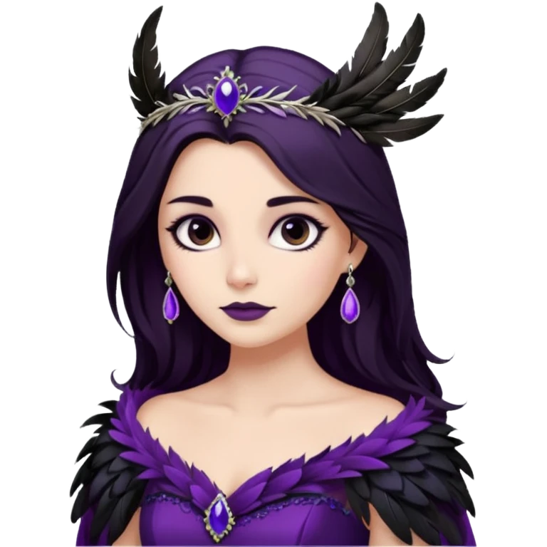 Raven Princess – feather brooch + plum gown emoji