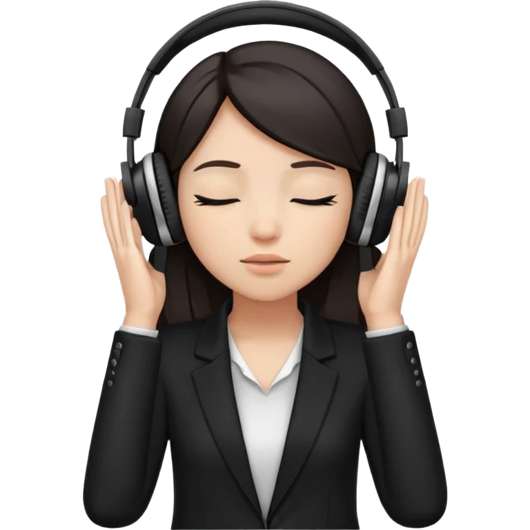 Girl with dark hair, wearing a black blazer, wearing headphones, her hands are on her ears, and her eyes are close emoji