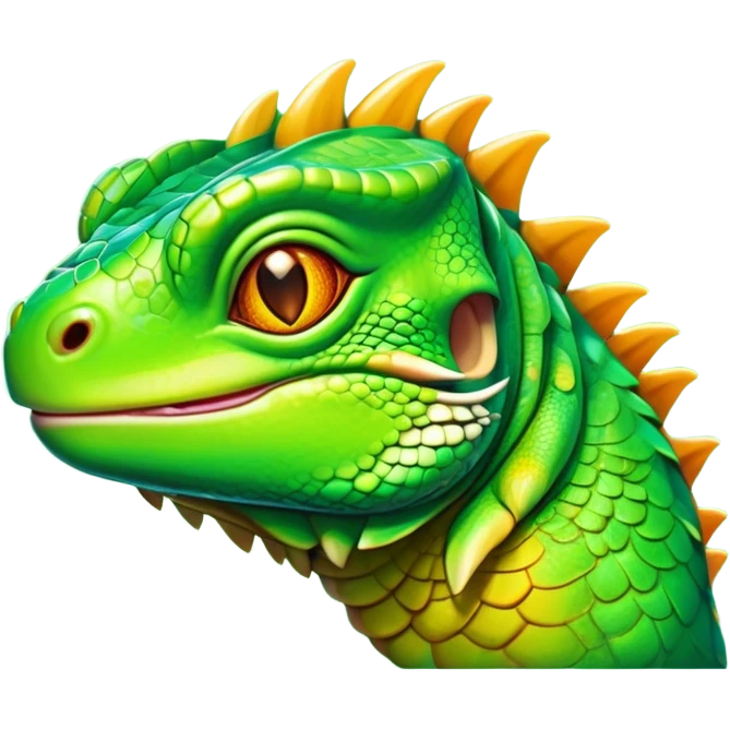 Cinematic Realistic Cute Iguana Portrait Emoji, Head tilted playfully and inquisitively, featuring a compact, agile build with a glossy, intricately scaled body in vivid green hues and a characteristically expressive face with bright, curious amber eyes, rendered in lifelike detail with natural highlights, high shine, affectionate and lively, styled with a touch of tropical whimsy, soft glowing outline, capturing the essence of a mischievous yet lovable iguana that seems poised to scurry out of the screen into your arms! emoji