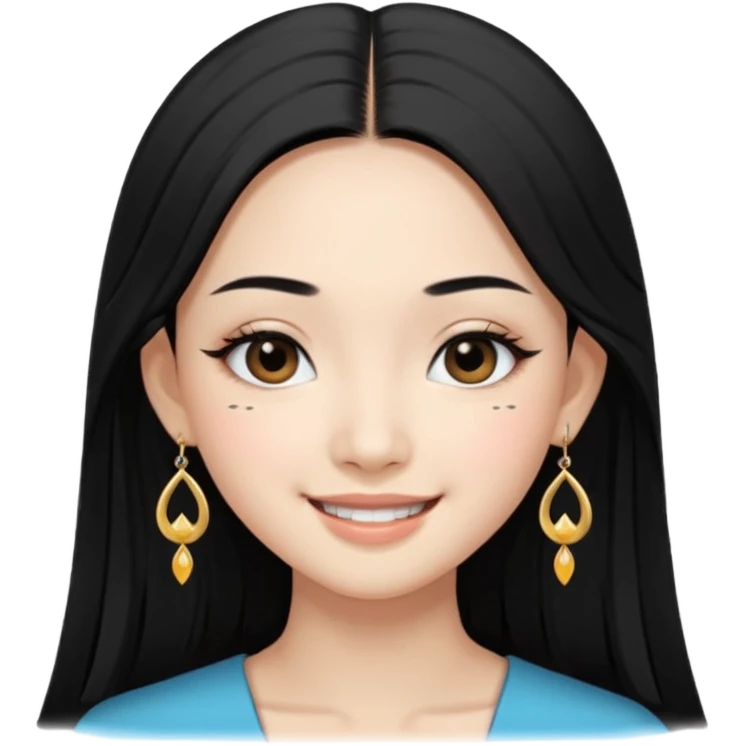 A Asian girl with fare skin and earrings, long straight black hair that is covering her checks with black eyes, smiling with a open wings eyeliner emoji