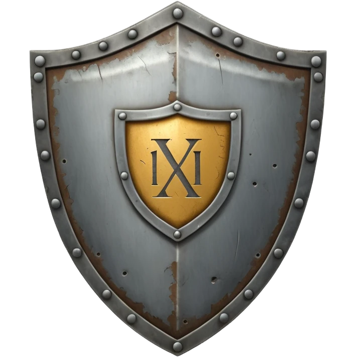 a battle worn steel shield with engraved roman numerals XXX, the roman numerals should be prominent and in the center of the shield emoji