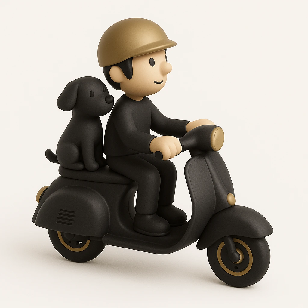 man and his pet dog riding a vespa emoji