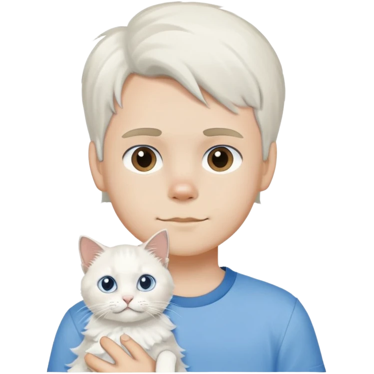 boy wearing blue short sleeve shirt with white ragdoll cat emoji