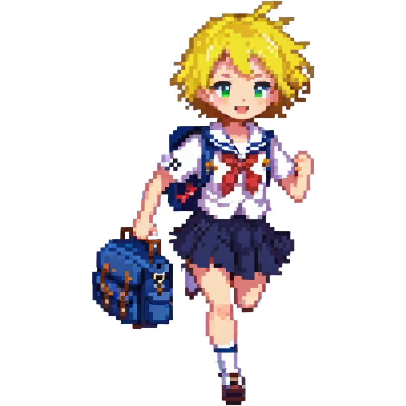 Pixel art anime girl with short bright yellow hair wearing Japanese sailor style school uniform, running energetically with school bag, happy determined expression emoji