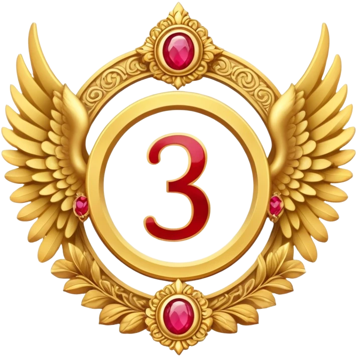 Third place award number in frame decorated with golden angel  wings and rubby stone emoji