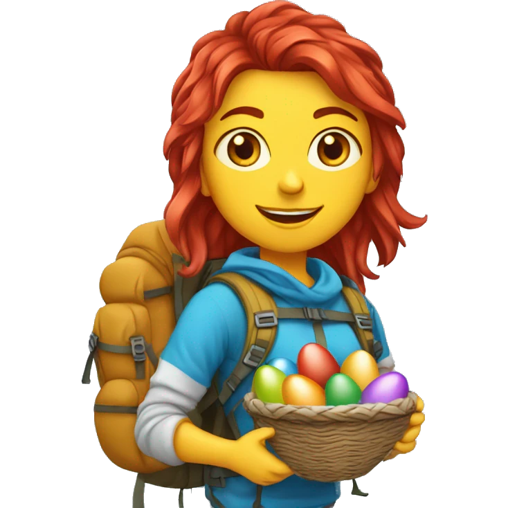 Female winter mountain climber red loose hair climbing with Greek flag on backpack and holding Easter eggs basket emoji