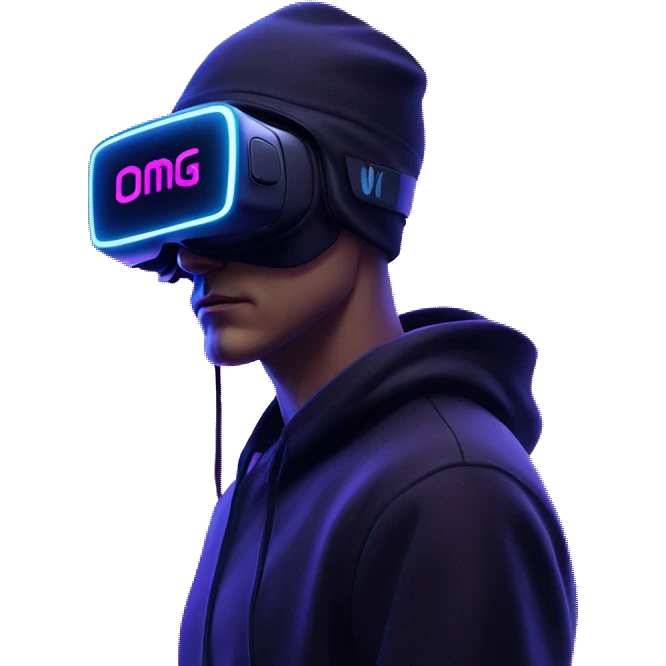 Russian man wearing a black hoodie with "OMG" letters on it and VR headset in a cyberpunk VR environment with violet neon lighting. emoji