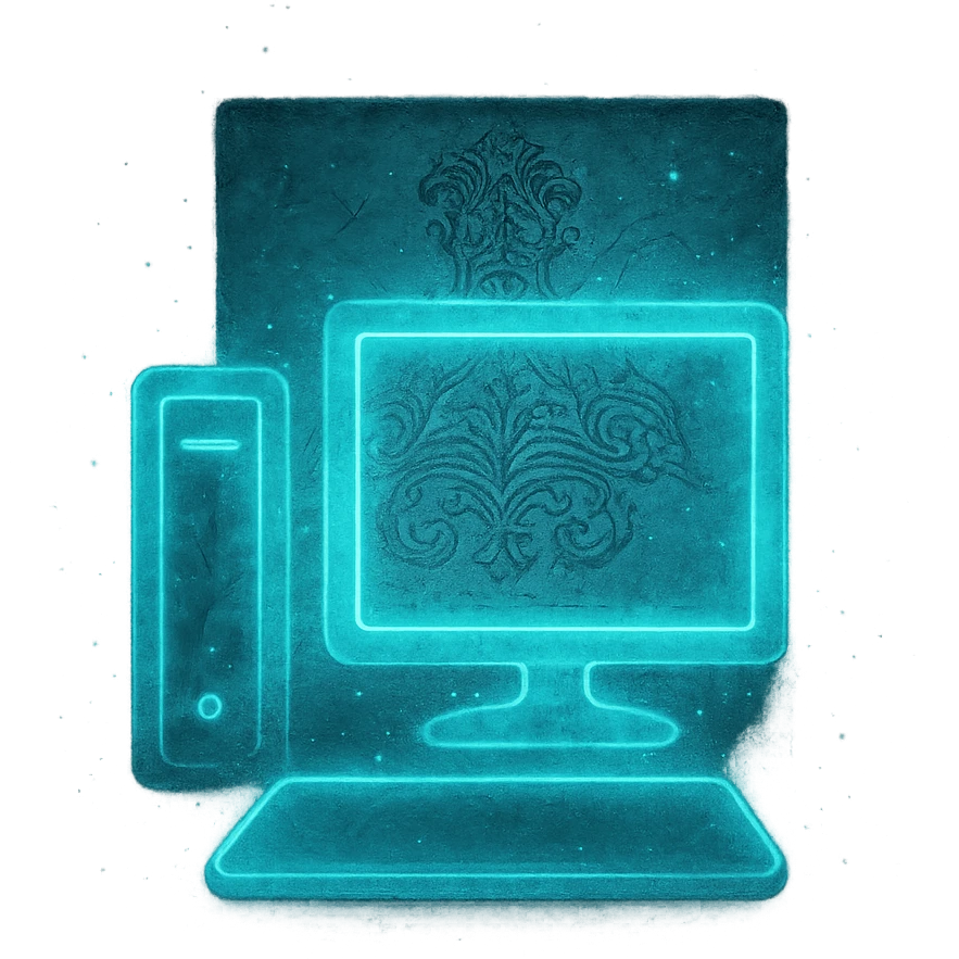 Generate a minimalistic Elden Ring glintstone sorcery version of the Windows 'My Computer' icon. Emphasize a glowing blue computer silhouette and a faint scroll, with very subtle magical effects. 1080 x 1080, transparent background. emoji