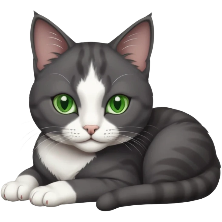 beautiful female solid dark grey cat with green eyes, white toes/paws and white patch on her chest lying down emoji