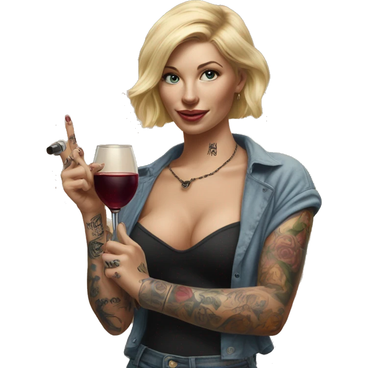 Blonde women in, her body covered with tattoos, wine in her one hand, pointing cat with her other hand, Hyper realistic  emoji