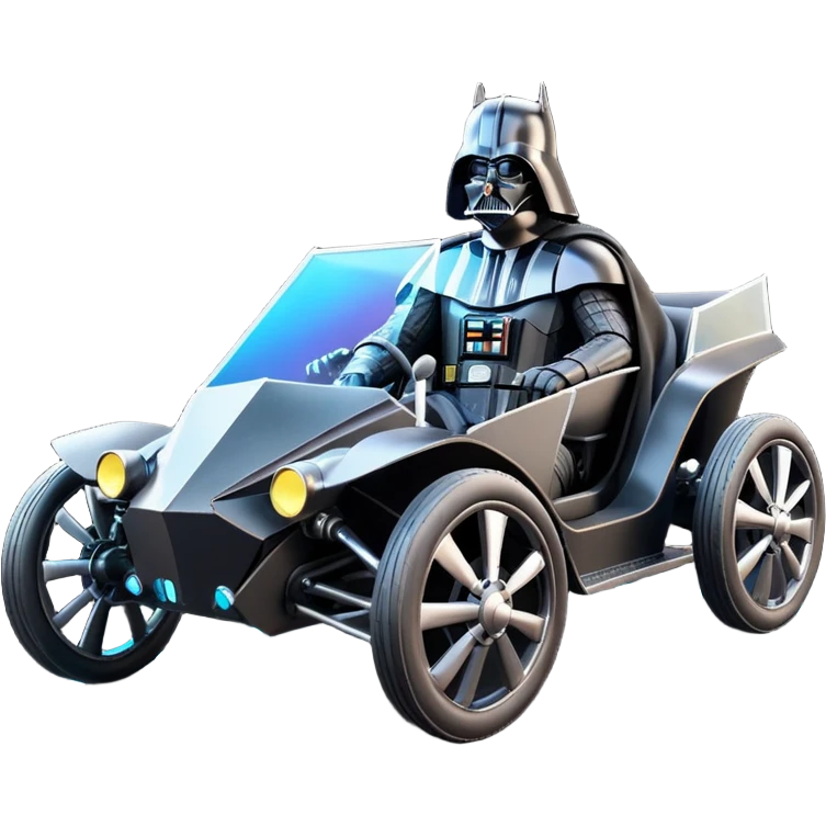 Mad max survival apocalypse ghostly sporty Darth Vader’s Batman-armored 1876 black graphite colored enclosed town buggy with horizontal holographic 3d stars painted on the body sides and neon under glow  emoji