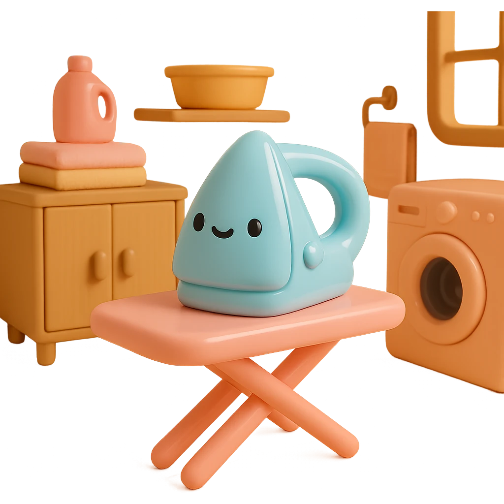 Place the vinyl figure style iron and ironing board in a cozy laundry room scene, with playful details and soft lighting, keeping the vinyl-figure look. emoji