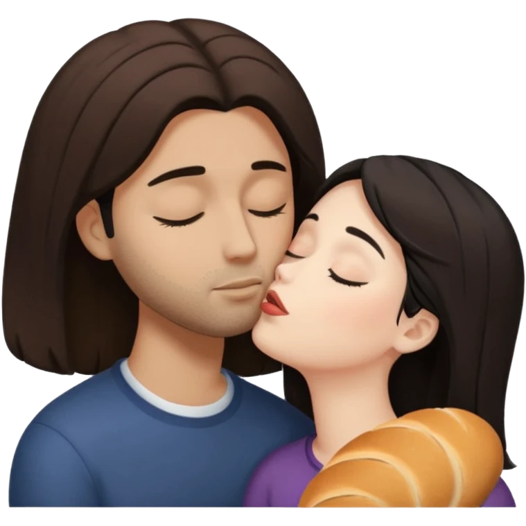 White woman with brown hair with eyes closed kissing forehead of brown man with black hair and a bread with eyes also closed emoji